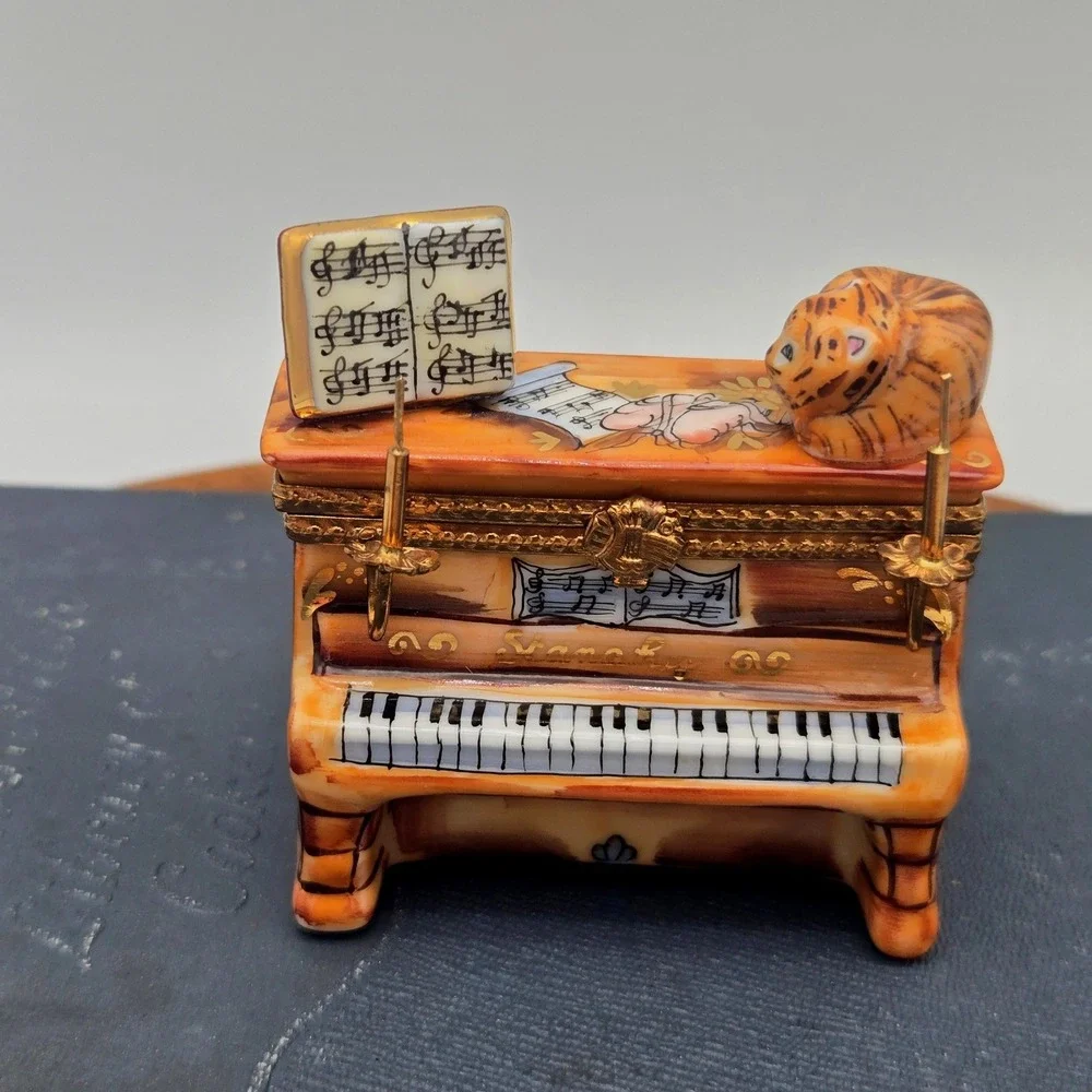 Vintage Limoges Trinket Box Piano‎ Cat Candelabra Ballerina La Gloriette Painted